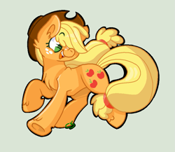 Size: 829x718 | Tagged: safe, artist:raziefim, imported from derpibooru, applejack, earth pony, pony, chest fluff, cute, ear fluff, female, gray background, hair over one eye, jackabetes, leg fluff, mare, no pupils, open mouth, simple background, solo