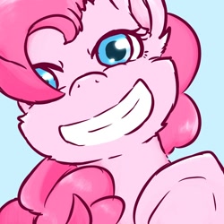 Size: 1000x1000 | Tagged: safe, artist:danbourumikan, imported from derpibooru, pinkie pie, pony, blue background, bust, cheek fluff, cute, diapinkes, ear fluff, female, looking at you, mare, portrait, simple background, smiling, solo, underhoof