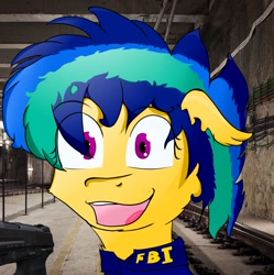 Size: 678x680 | Tagged: safe, artist:tajemni3, imported from derpibooru, oc, oc only, oc:apogee, pegasus, pony, bust, eye clipping through hair, fbi, female, filly, gun, open mouth, solo, weapon