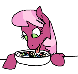 Size: 542x513 | Tagged: safe, anonymous artist, imported from derpibooru, cheerilee, earth pony, pony, /mlp/, cereal, eating, female, food, mare, milk, simple background, solo, tongue out, white background