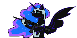 Size: 1130x560 | Tagged: safe, anonymous artist, imported from derpibooru, nightmare moon, alicorn, pony, /mlp/, ar-15, ar15, female, gun, mare, simple background, solo, weapon, white background