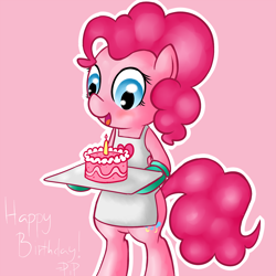 Size: 1200x1200 | Tagged: safe, artist:pinkieinprivate, artist:pinkiepieskitchen, imported from derpibooru, pinkie pie, earth pony, pony, pinkiepieskitchen, apron, bipedal, cake, clothes, female, food, gloves, mittens, naked apron, pink background, simple background, solo