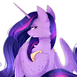 Size: 2049x2049 | Tagged: safe, artist:wolfythewolf555, imported from derpibooru, twilight sparkle, alicorn, pony, the last problem, bedroom eyes, cheek fluff, chest fluff, female, fluffy, looking at you, looking back, looking back at you, mare, older, older twilight, peytral, princess twilight 2.0, rear view, simple background, smiling, solo, transparent background, twilight sparkle (alicorn), white outline, wing claws, wing fluff