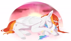 Size: 2560x1478 | Tagged: artist needed, safe, imported from derpibooru, princess celestia, oc, oc:king phoenix, alicorn, original species, plush pony, pony, alicorn oc, celenix, celestia plushie, eyes closed, horn, plushie, pony plushie, smiling, solo, wings