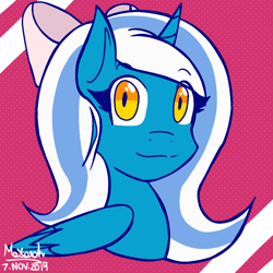 Size: 768x768 | Tagged: safe, artist:wafflebunnypie, imported from derpibooru, oc, oc:fleurbelle, alicorn, pony, adorabelle, adorable face, alicorn oc, bow, cute, female, hair bow, horn, mare, ocbetes, pink background, simple background, smiling, yellow eyes