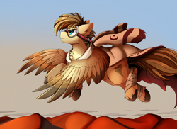 Size: 3509x2550 | Tagged: safe, artist:pridark, imported from derpibooru, oc, oc only, oc:sandstorm, pegasus, pony, cloven hooves, colored wings, commission, desert, flying, goggles, high res, male, multicolored wings, solo, wings