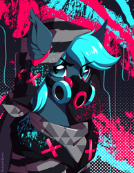 Size: 1200x1548 | Tagged: safe, artist:redchetgreen, imported from derpibooru, part of a set, oc, oc only, earth pony, pony, blot, clothes, cyberpunk, gas mask, looking at you, male, mask, solo