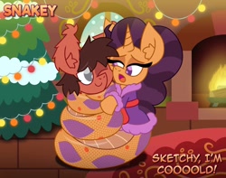 Size: 1006x794 | Tagged: safe, artist:snakeythingy, imported from derpibooru, saffron masala, oc, oc:sketchy dupe, lamia, monster pony, original species, snake, snake pony, canon x oc, christmas, christmas tree, clothes, coils, cuddling, fireplace, holiday, lamiafied, looking at each other, monster mare, robe, sketchffron, species swap, story included, tree