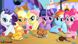 Size: 2560x1440 | Tagged: safe, artist:fadlihalimns, imported from derpibooru, applejack, fluttershy, pinkie pie, rainbow dash, rarity, twilight sparkle, alicorn, earth pony, pegasus, pony, unicorn, alcohol, art, chocolate, date, dating, digital art, donut, drink, female, food, glass, lip bite, looking at you, mane six, mare, muffin, relaxing, smiling, smirk, table, twilight sparkle (alicorn), wine, wine glass