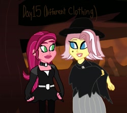 Size: 951x839 | Tagged: safe, artist:123turtleshell, artist:ktd1993, imported from derpibooru, gloriosa daisy, vignette valencia, equestria girls, 15, 30 day otp challenge, alternate clothes, black hat, cape, clothes, female, gloriette, goth fashion, gothic, lesbian, shipping