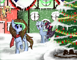 Size: 2300x1800 | Tagged: safe, artist:jagga-chan, imported from derpibooru, oc, oc only, pegasus, pony, unicorn, christmas, christmas tree, clothes, female, holiday, mare, scarf, snow, tree