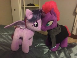 Size: 3264x2448 | Tagged: safe, artist:ejlightning007arts, imported from derpibooru, tempest shadow, twilight sparkle, alicorn, bed, broken horn, build-a-bear, clothes, cute, female, horn, irl, lesbian, photo, plushie, scarf, shipping, tempestlight, twilight sparkle (alicorn)