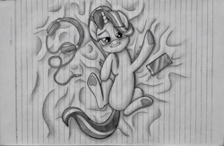 Size: 1106x723 | Tagged: safe, artist:fadlihalimns, imported from derpibooru, starlight glimmer, pony, unicorn, bed, bedroom eyes, cellphone, cute, female, frog (hoof), headphones, lined paper, lip bite, looking at you, mare, monochrome, on back, on bed, phone, smartphone, solo, traditional art, underhoof