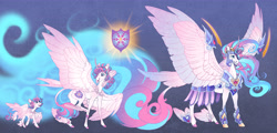 Size: 7428x3570 | Tagged: safe, artist:turnipberry, imported from derpibooru, princess flurry heart, alicorn, pony, abstract background, adult, age progression, alternate design, armor, armor skirt, colored hooves, colored wings, colored wingtips, curved horn, cutie mark, ethereal mane, female, filly, flurry heart pearl of battle, headcanon, horn, horn guard (armor), large wings, leonine tail, mare, older, older flurry heart, skirt, solo, spread wings, teenager, ultimate flurry heart, warrior flurry heart, winged hooves, wings