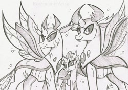 Size: 1024x719 | Tagged: safe, artist:rossmaniteanzu, imported from derpibooru, ocellus, pharynx, thorax, changedling, changeling, brothers, changedling brothers, female, grayscale, king thorax, male, monochrome, pencil drawing, prince pharynx, scar, siblings, simple background, traditional art, trio, white background