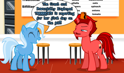 Size: 964x572 | Tagged: safe, artist:jt2zemax, imported from derpibooru, trixie, oc, oc:jasper pie, pony, unicorn, fez, hat, oven, pizzeria, stool