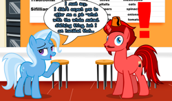 Size: 964x572 | Tagged: safe, artist:jt2zemax, imported from derpibooru, trixie, oc, oc:jasper pie, pony, unicorn, exclamation point, fez, hat, oven, pizzeria, stool