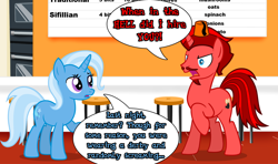 Size: 964x572 | Tagged: safe, artist:jt2zemax, imported from derpibooru, trixie, oc, oc:jasper pie, pony, unicorn, angry, fez, hat, oven, pizzeria, stool