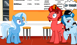 Size: 964x572 | Tagged: safe, artist:jt2zemax, imported from derpibooru, trixie, oc, oc:casper cake, oc:jasper pie, pony, unicorn, bowler hat, bowtie, cross-popping veins, evil smirk, fez, hat, oven, pizzeria, stool, this will not end well, wide eyes