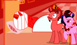 Size: 964x572 | Tagged: safe, artist:jt2zemax, imported from derpibooru, oc, oc:casper cake, oc:jasper pie, pony, unicorn, bandage, bed, bowler hat, bowtie, cross-popping veins, evil smirk, fez, hat, pillow, wide eyes