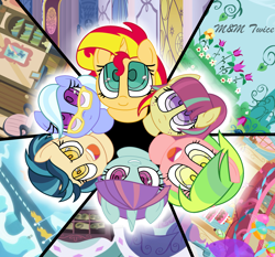 Size: 2888x2696 | Tagged: safe, artist:mymtwiceofficial, imported from derpibooru, indigo zap, lemon zest, sour sweet, sugarcoat, sunny flare, sunset shimmer, pony, unicorn, equestria girls, adoraflare, cute, from above, glasses, looking at you, looking up, open mouth, ponified, shadow five, shimmerbetes, smiling, smirk, sourbetes, sugarcute, zapabetes, zestabetes