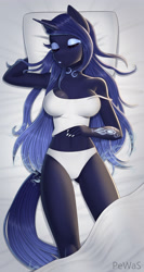 Size: 2189x4100 | Tagged: safe, artist:pewas, imported from derpibooru, oc, oc only, oc:mystic shadow, anthro, unicorn, anthro oc, bed, belly button, breasts, camisole, clothes, eyes closed, female, horn, mare, panties, pillow, sheet, sleeping, solo, underwear, white underwear, ych result