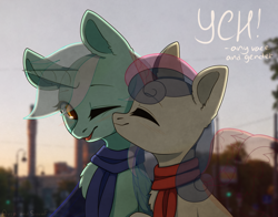 Size: 2000x1564 | Tagged: safe, artist:avrameow, artist:flysouldragon, artist:sinrinf, imported from derpibooru, bon bon, lyra heartstrings, sweetie drops, pony, advertisement, clothes, collaboration, commission, couple, evening, female, lesbian, lyrabon, scarf, shipping, your character here