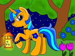 Size: 1024x768 | Tagged: artist needed, safe, artist:wolfspiritclan, imported from derpibooru, oc, oc only, oc:velvet azalea, firefly (insect), insect, pony, unicorn, blue flowers, flower, garden, horn, lantern, looking at you, looking back, looking back at you, night, original character do not steal, recolor, solo, stars, tree, tulip, unicorn oc