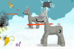 Size: 600x400 | Tagged: safe, artist:quint-t-w, imported from derpibooru, derpy hooves, rainbow dash, soarin', spitfire, twilight sparkle, pegasus, pony, unicorn, at-at, fire, laser, laser cannon, lightning, old art, parody, ponified, ruins, smoke, snow, star wars, star wars: the empire strikes back, stormcloud, the empire strikes back, walker, wreck