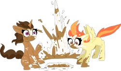 Size: 1187x698 | Tagged: safe, artist:nootaz, imported from derpibooru, oc, oc:buttercup shake, oc:carrot spring, pegasus, pony, unicorn, cake, covered in food, duo, female, food, mare, simple background, sitting, splatter, surprised, transparent background