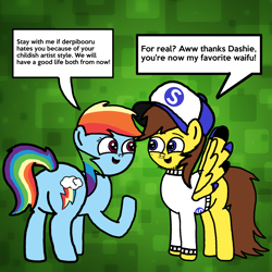 Size: 1798x1798 | Tagged: safe, artist:sebtheartist, deleted from derpibooru, imported from derpibooru, rainbow dash, oc, oc:ponyseb, pegasus, pony, abstract background, black outlines, butt, cutie mark, discussion, duo, implied sebdash, implied shipping, plot, speech bubble, talking, the ass was fat, waifu, wingless