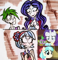 Size: 2236x2322 | Tagged: safe, artist:citi, imported from derpibooru, screencap, coco pommel, rarity, spike, human, rarity takes manehattan, fangs, humanized, present, scene interpretation, screencap reference, traditional art