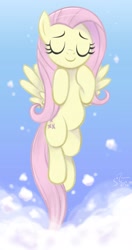 Size: 1920x3624 | Tagged: safe, artist:fladdrarblyg, artist:flutterstormreturns, imported from derpibooru, fluttershy, pegasus, pony, fame and misfortune, cloud, eyes closed, female, flawless, flying, hooves to the chest, mare, scene interpretation, sky, smiling, solo, spread wings, three quarter view, wings