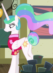 Size: 482x660 | Tagged: safe, imported from derpibooru, screencap, princess celestia, alicorn, pony, between dark and dawn, alternate hairstyle, bored, butt, celestia is not amused, clothes, cropped, cutie mark, ethereal mane, female, flowing mane, folded wings, frown, hawaiian shirt, letter, mail, mare, narrowed eyes, plot, ponytail, ponyville, post office, shirt, solo, tail bun, unamused, unimpressed, vacation, wings