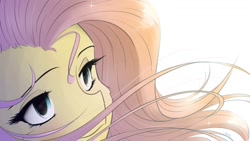 Size: 1192x670 | Tagged: safe, artist:maneingreen, imported from derpibooru, fluttershy, pony, backlighting, bust, cheek fluff, cute, female, looking away, mare, portrait, shyabetes, smiling, solo, sparkles, stray strand, three quarter view, windswept mane