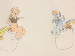 Size: 1280x956 | Tagged: safe, artist:snipiper, imported from derpibooru, applejack, rainbow dash, earth pony, pegasus, pony, semi-anthro, but why, fart, fart fetish, female, fetish, implied pooping, rainbow fart, sitting on toilet, story included, toilet, traditional art