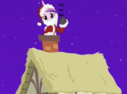 Size: 994x735 | Tagged: artist needed, safe, imported from derpibooru, princess cadance, alicorn, pony, chimney, christmas, clothes, costume, female, hat, ho ho ho, holiday, mare, night, rooftop, santa claus, santa costume, santa hat, solo, stars