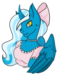 Size: 851x939 | Tagged: safe, artist:danderelpsendermen, imported from derpibooru, oc, oc:fleurbelle, alicorn, anthro, adorabelle, adorable face, alicorn oc, bow, clothes, cute, hair bow, horn, jewelry, necklace, ocbetes, simple background, smiling, transparent background, yellow eyes