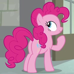 Size: 582x582 | Tagged: safe, imported from derpibooru, screencap, pinkie pie, earth pony, pony, the last laugh, balloonbutt, butt, cropped, female, mare, plot, raised hoof, smiling, solo