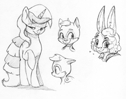 Size: 2308x1818 | Tagged: safe, artist:dilarus, deleted from derpibooru, imported from derpibooru, oc, pony, rabbit, unicorn, animal, female, furry, heart, mare, monochrome, simple background, traditional art, white background