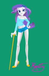 Size: 671x1026 | Tagged: safe, artist:dadss_rootbeer, imported from derpibooru, rarity, equestria girls, bedroom eyes, belly button, breasts, busty rarity, cleavage, clothes, female, green background, high heels, looking at you, midriff, shoes, short shirt, shorts, simple background, solo