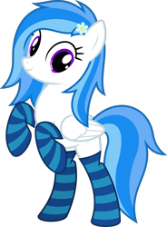 Size: 4000x5434 | Tagged: safe, artist:parclytaxel, imported from derpibooru, oc, oc only, oc:winter white, pegasus, pony, 2020 community collab, derpibooru community collaboration, .svg available, absurd resolution, bipedal, clothes, female, flower, flower in hair, looking at you, mare, rearing, simple background, smiling, socks, solo, striped socks, transparent background, vector