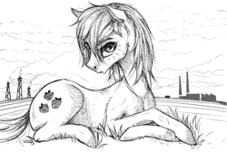 Size: 1200x809 | Tagged: safe, artist:madhotaru, imported from derpibooru, applejack, earth pony, pony, female, mare, monochrome, prone, solo