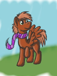 Size: 960x1280 | Tagged: safe, artist:brightstarclick, artist:bryastar, imported from derpibooru, oc, oc only, oc:frenz, pegasus, pony, clothes, looking up, scarf, simple background, solo