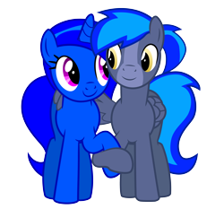 Size: 4150x3868 | Tagged: safe, artist:blue-vector, imported from derpibooru, oc, oc only, oc:blue vector, oc:proffy floyd, pegasus, pony, unicorn, 2020 community collab, derpibooru community collaboration, hoof hold, male, simple background, transparent background