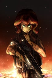 Size: 1377x2039 | Tagged: safe, artist:oberon826, imported from derpibooru, sunset shimmer, equestria girls, cliff unger, death stranding, female, fiery shimmer, gun, looking at you, solo, weapon