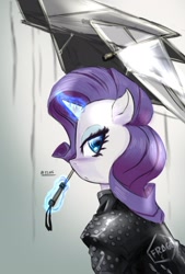 Size: 1377x2039 | Tagged: safe, artist:oberon826, imported from derpibooru, rarity, pony, unicorn, blue eyes, blue eyeshadow, clothes, coat, death stranding, eyeshadow, female, fragile (death stranding), looking at you, magic, makeup, mare, rain, solo, telekinesis, umbrella