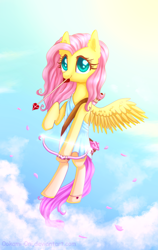 Size: 1200x1900 | Tagged: safe, artist:0okami-0ni, imported from derpibooru, fluttershy, pony, bow (weapon), clothes, cloud, cloudy, cupid, cute, dress, female, flying, shyabetes, sky, solo