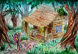 Size: 4136x2848 | Tagged: safe, artist:0okami-0ni, imported from derpibooru, angel bunny, fluttershy, clothes, coat, female, forest, house, solo, swamp, traditional art, tree