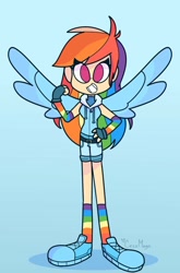 Size: 676x1024 | Tagged: safe, artist:cess_maga, imported from derpibooru, rainbow dash, human, clothes, converse, fingerless gloves, gloves, grin, humanized, rainbow socks, shoes, shorts, sleeveless, smiling, sneakers, socks, striped socks, winged humanization, wings